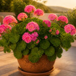 Pelargonium rose eclatant au soleil couchant