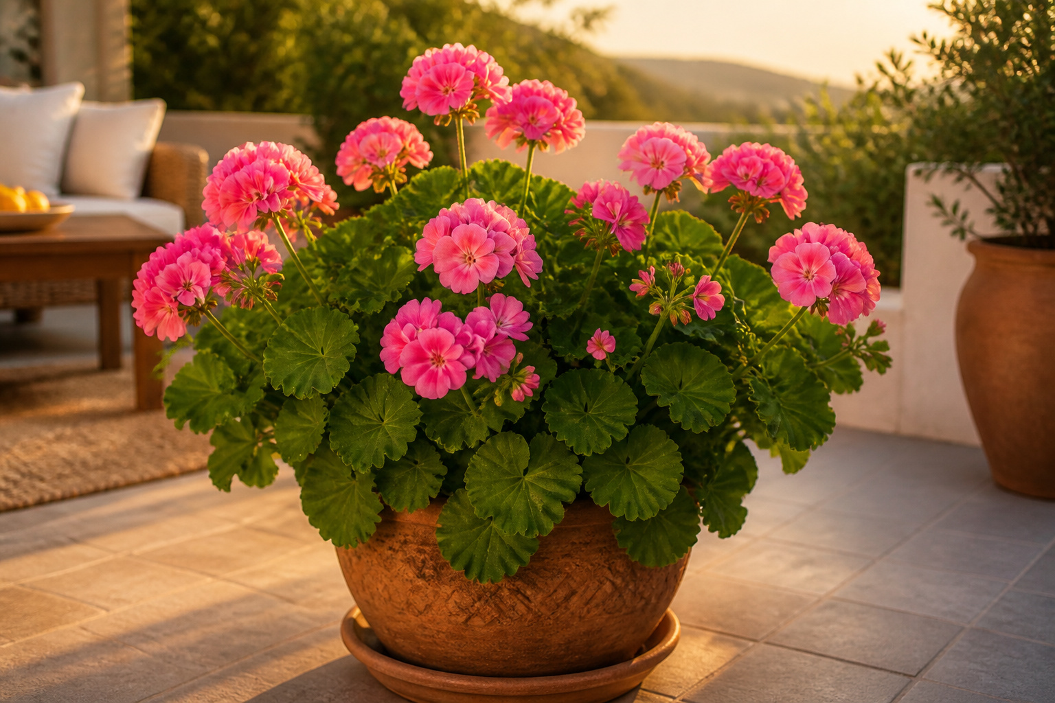 Pelargonium rose eclatant au soleil couchant
