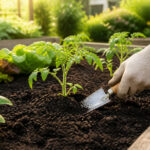 Plantation de jeunes pousses dans un jardin ensoleille