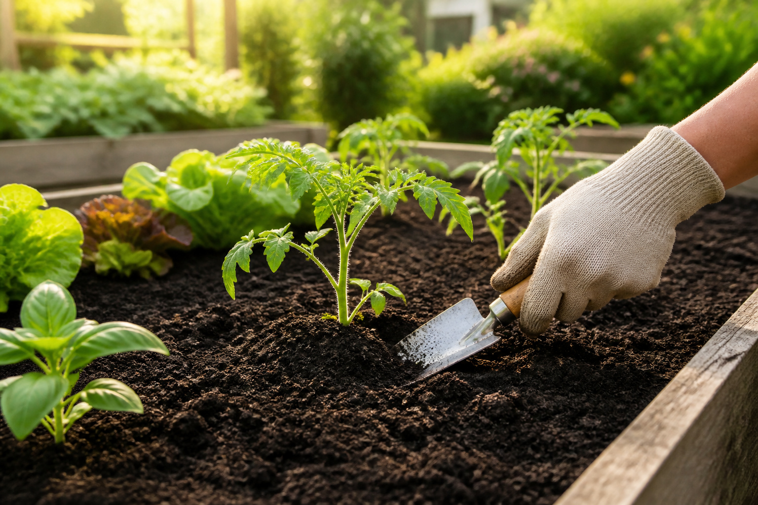 Plantation de jeunes pousses dans un jardin ensoleille